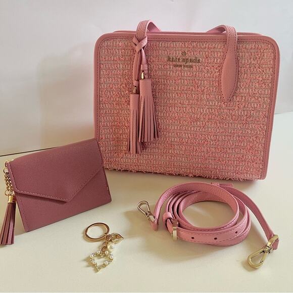 KATE SPADE Pink Tweed Crossbody Tote, Wallet & Bag Charm Included! - Picture 1 of 11
